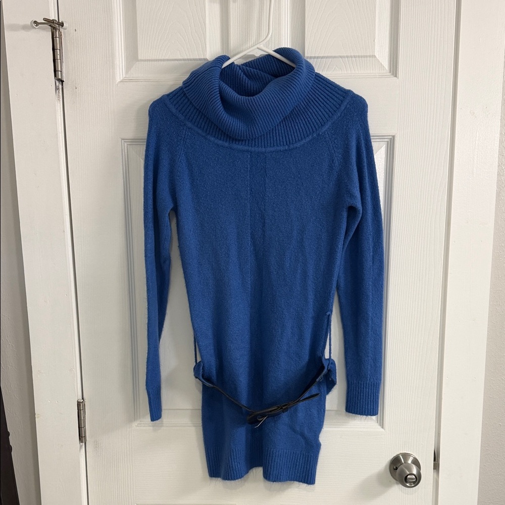 Belted Vintage Blue Cowl Neck Sweater